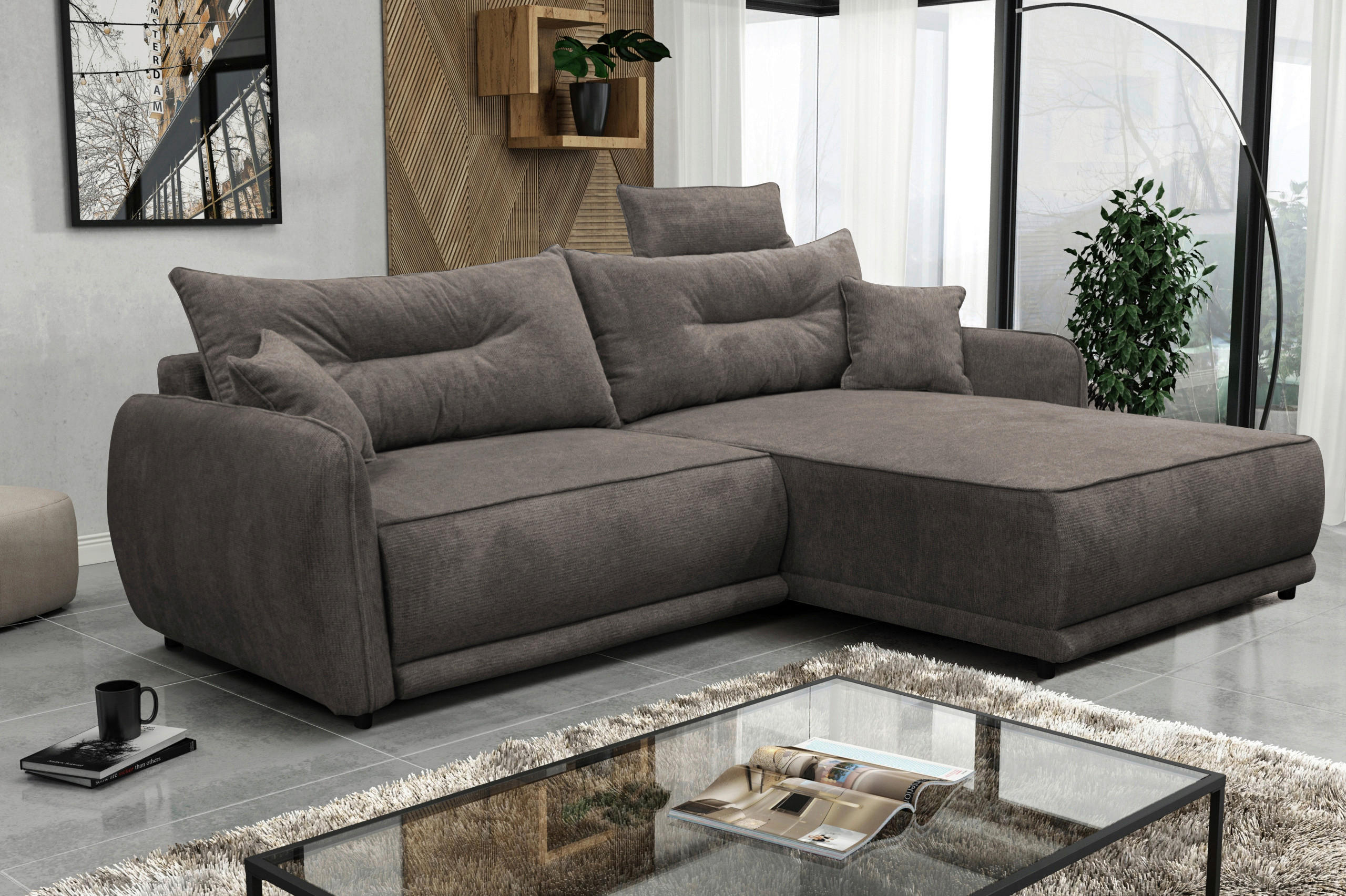 ECKSOFA  FRESH Dunkelgrau Struktur  - Dunkelgrau/Beige, Design, Kunststoff/Textil (264/195cm) - MID.YOU