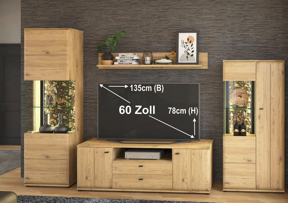 WOHNWAND 4-teilig  Braun, Eschefarben, Eiche Artisan 331/205/50 cm    - Anthrazit/Eschefarben, Natur, Glas/Holz (331/205/50cm) - Linea Natura