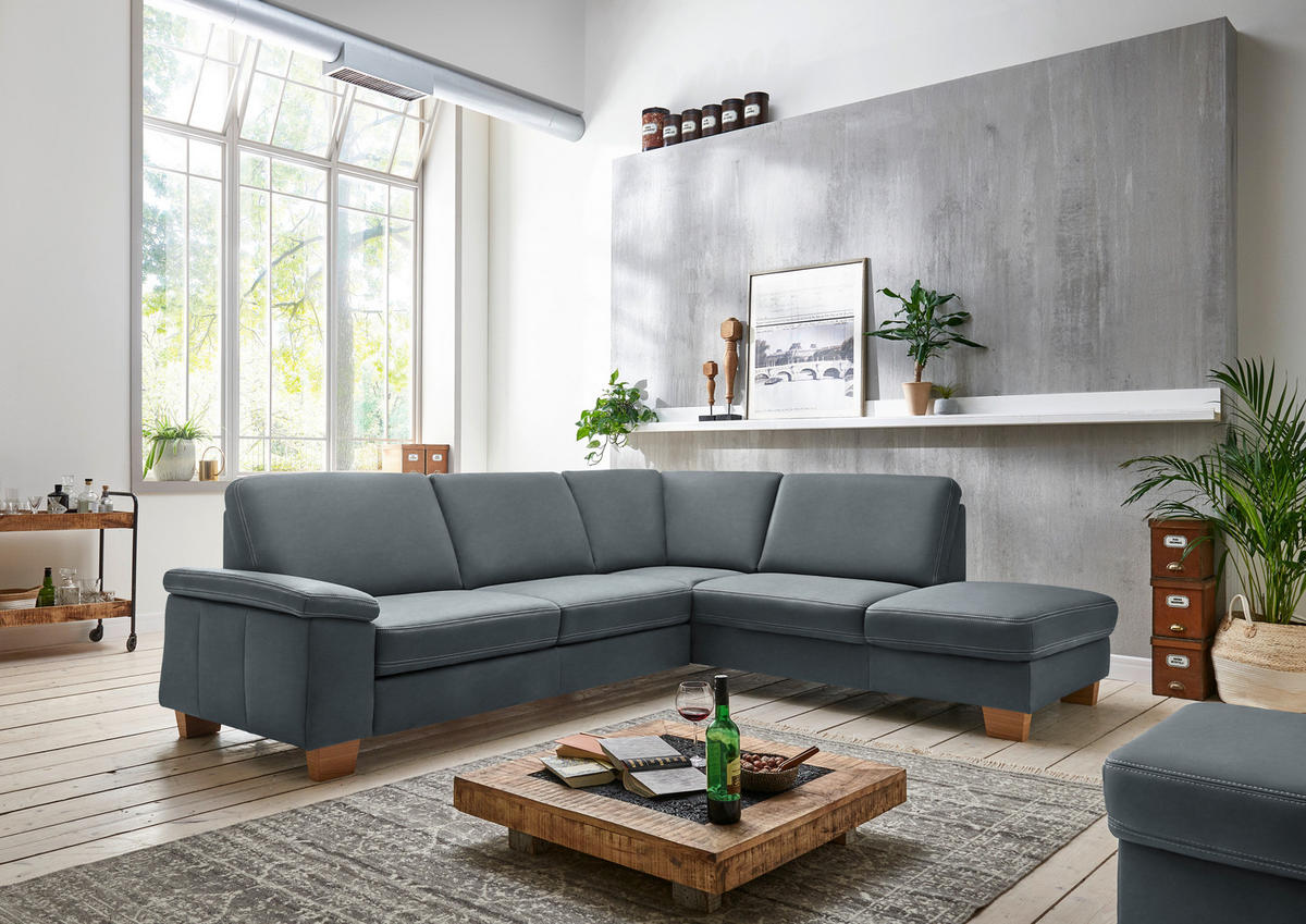 ECKSOFA Echtleder Blaugrau  - Eichefarben/Beige, Konventionell, Leder/Holzwerkstoff (274/235cm) - Beldomo Premium