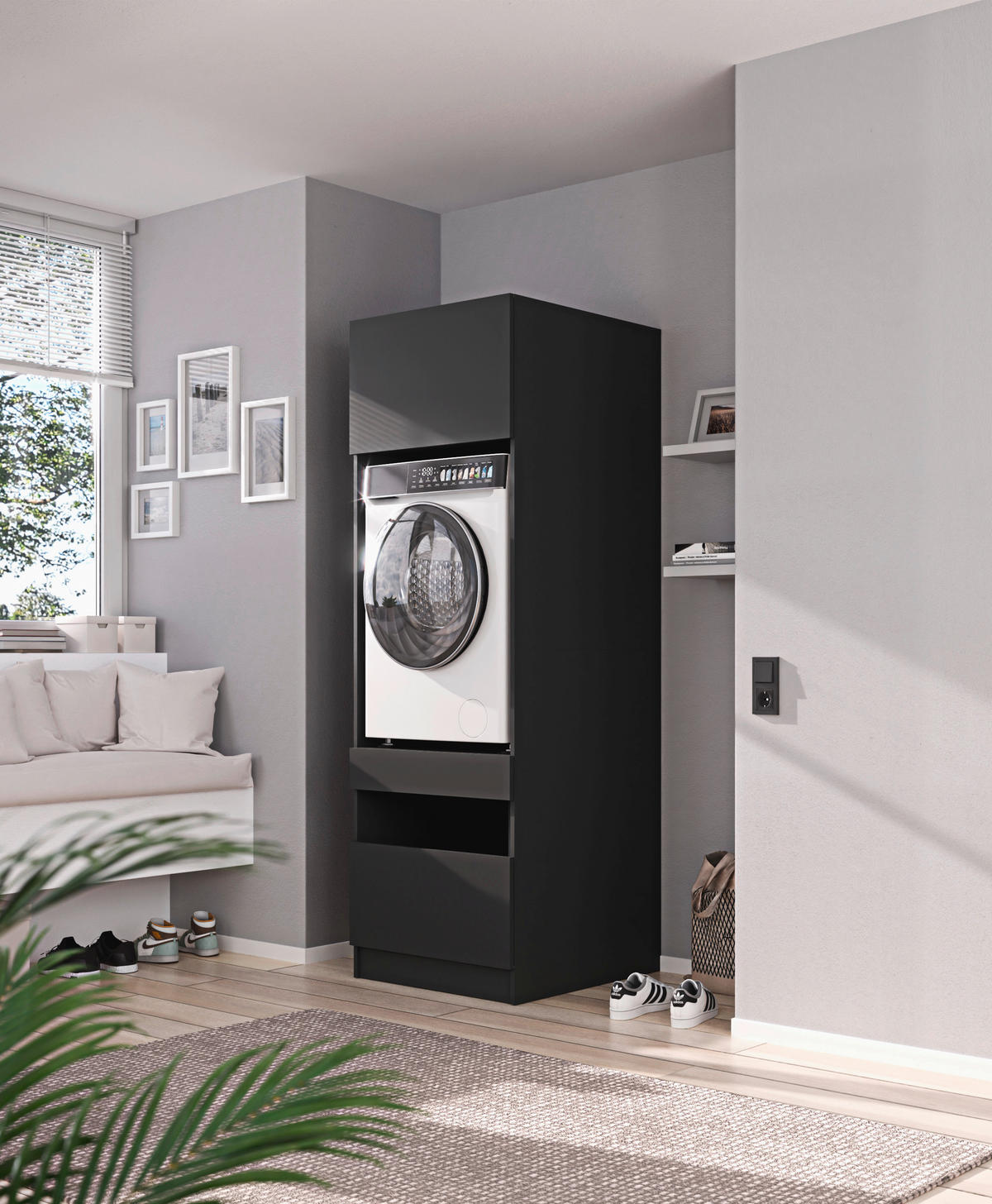 WASCHMASCHINENSCHRANK  68/200/68 cm  - Anthrazit/Schwarz, Design, Holzwerkstoff/Metall (68/200/68cm) - Milino