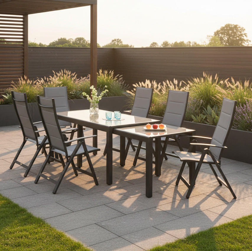 GARTENSET 7-teilig  - Graphitfarben/Grau, MODERN, Glas/Textil - Gardenson