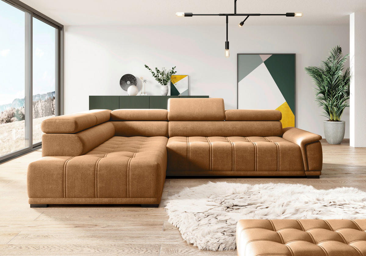 HÖRNSOFFA i chenille, vävt tyg rostfärgad  - svart/rostfärgad, Modern, textil/plast (206/283cm) - MID.YOU