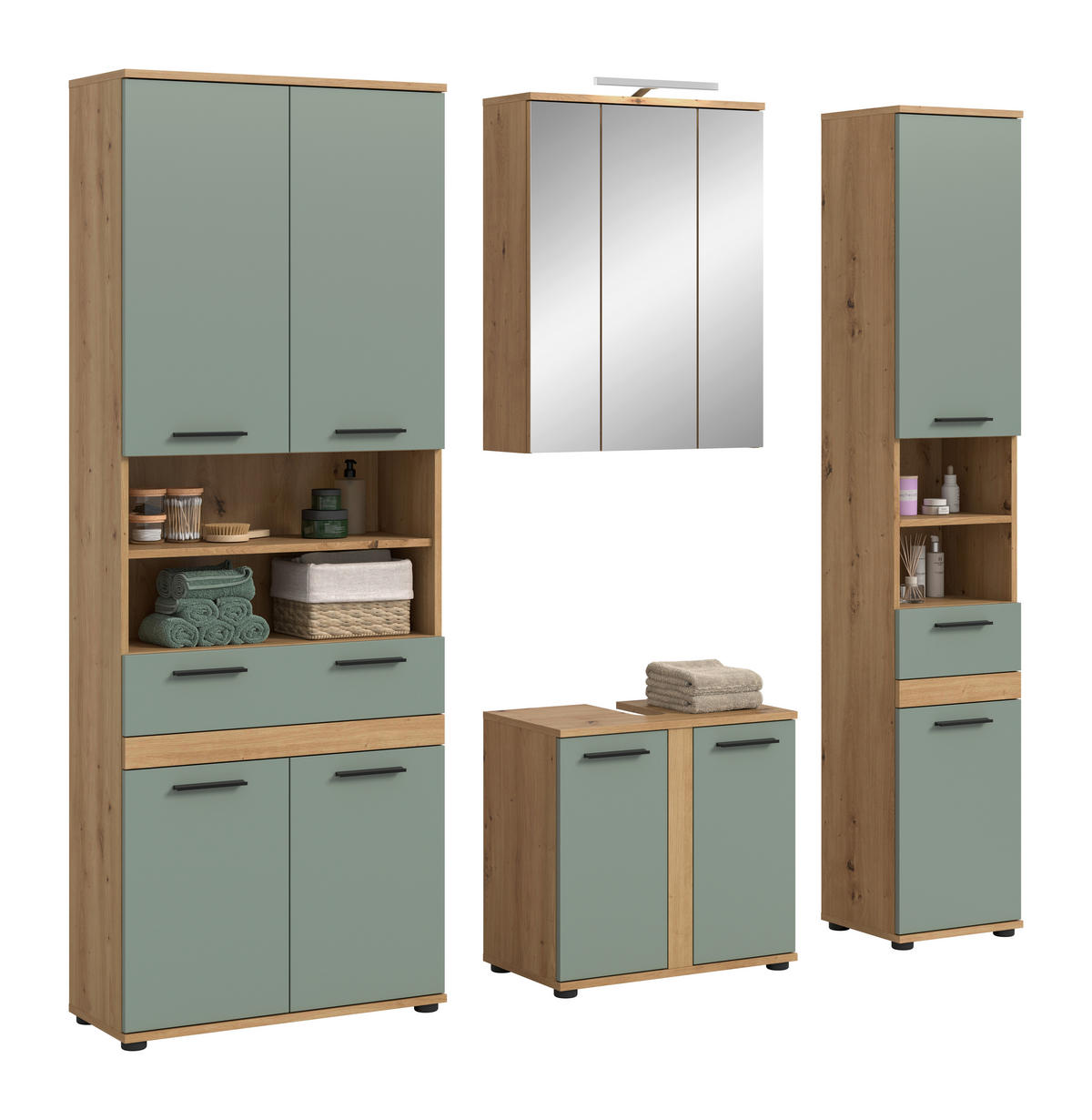BADEZIMMER 5-teilig  in 195 cm  - Salbeigrün/Schwarz, Trend, Glas/Holzwerkstoff (195cm) - MID.YOU