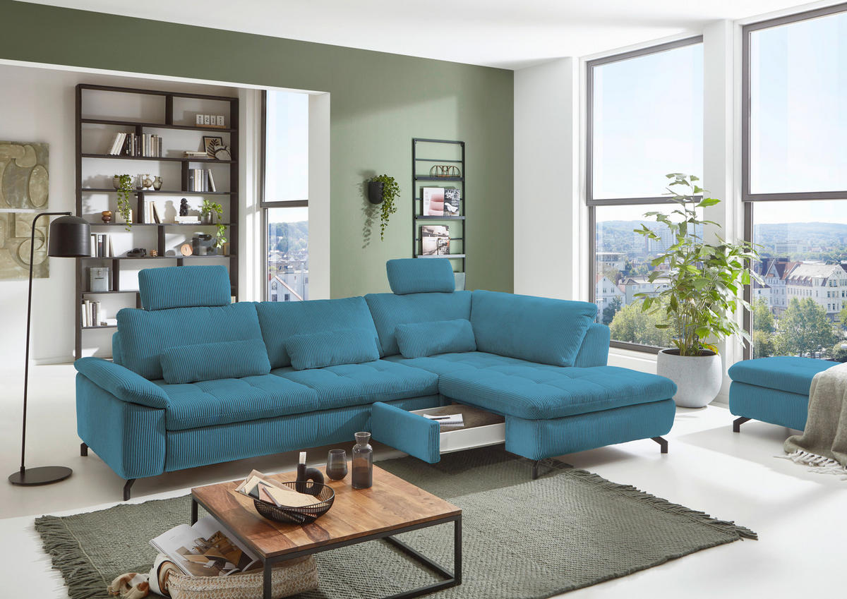 ECKSOFA in Cord, Velours Petrol  - Petrol/Schwarz, Design, Textil/Metall (291/197cm) - Beldomo Style