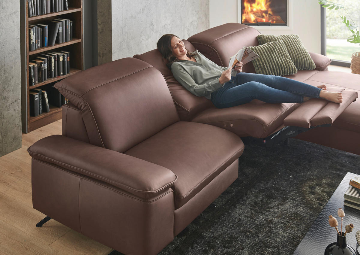 ECKSOFA Echtleder Rotbraun  - Rotbraun/Schwarz, Design, Leder/Metall (307/169cm) - Beldomo Premium