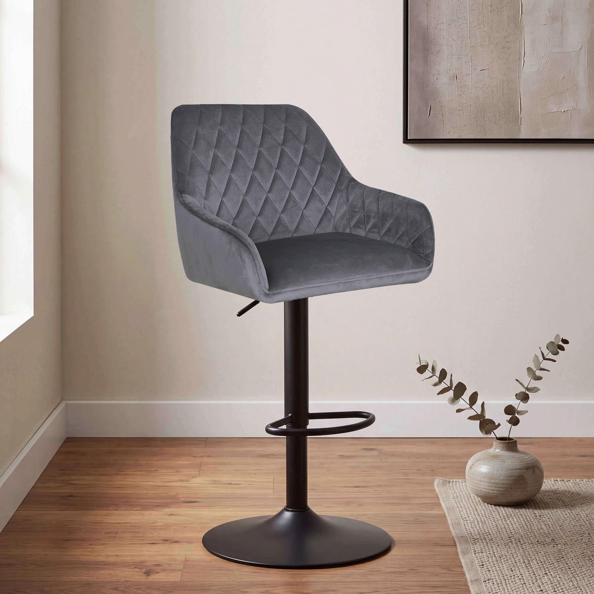 BARHOCKER Samt Grau, Schwarz Eisen  - Schwarz/Grau, Design, Textil/Metall (53/92-114/56,5cm) - Novel