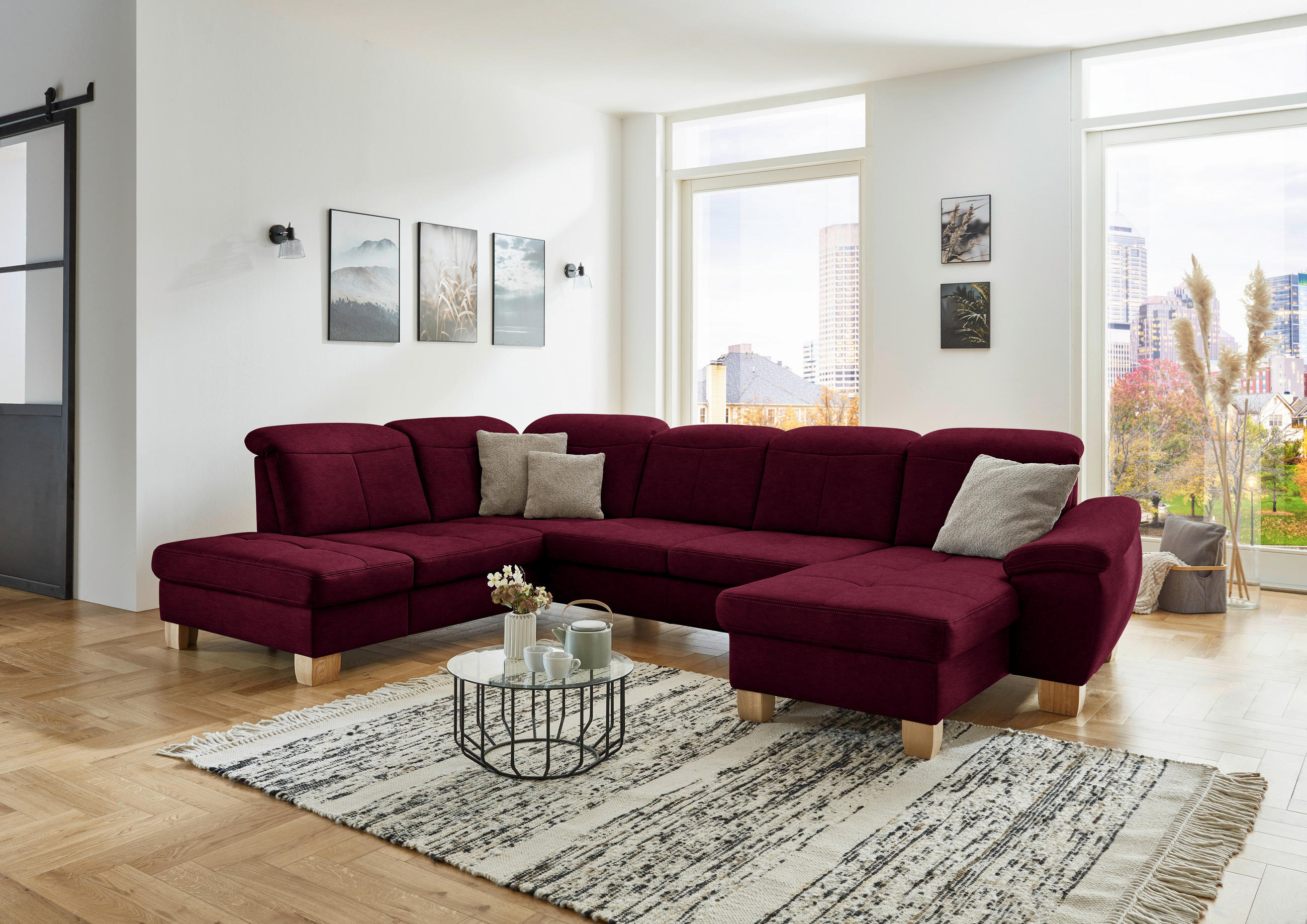 WOHNLANDSCHAFT in Mikrofaser Bordeaux  - Wildeiche/Bordeaux, Konventionell, Holz/Textil (243/343/185cm) - Voleo