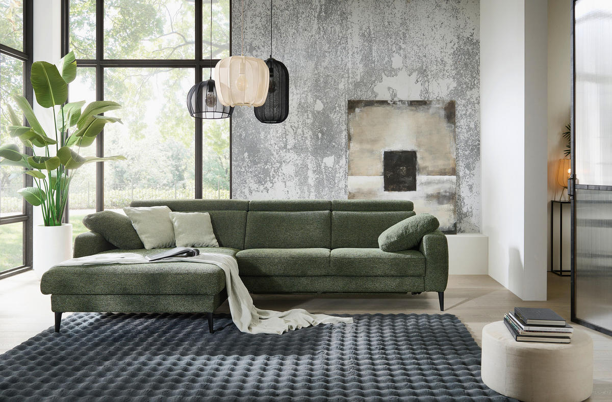 ECKSOFA Grün Chenille  - Schwarz/Grün, KONVENTIONELL, Textil/Metall (177/300cm) - Valdera