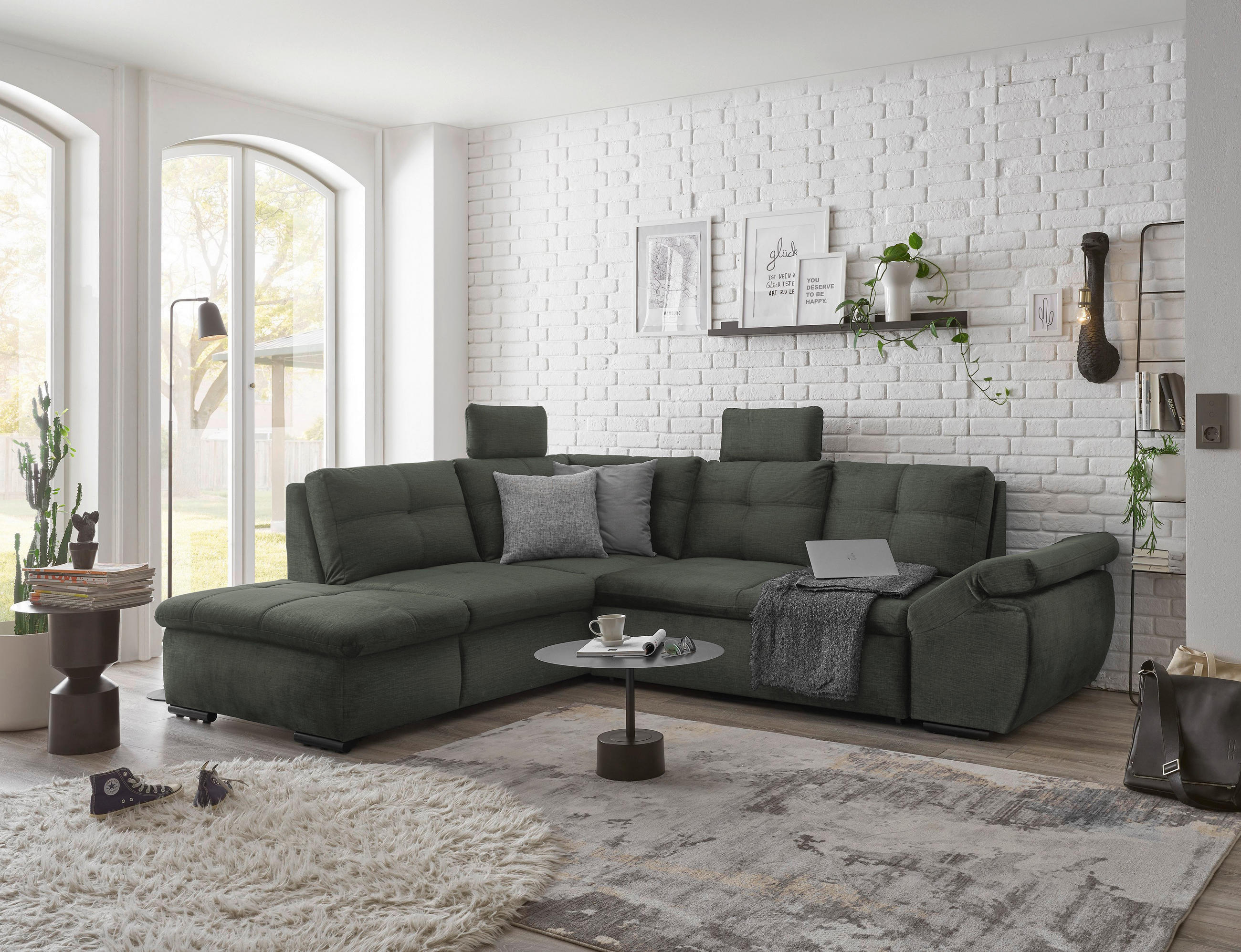 ECKSOFA in Mikrovelours Dunkelgrün  - Dunkelgrün/Schwarz, Konventionell, Kunststoff/Textil (217/265cm) - Carryhome