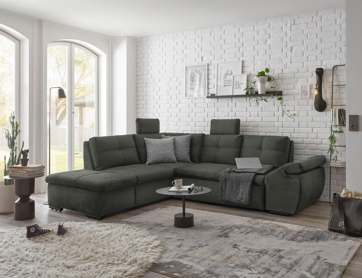 ECKSOFA in Mikrovelours Dunkelgrün  - Dunkelgrün/Schwarz, Konventionell, Kunststoff/Textil (217/265cm) - Carryhome