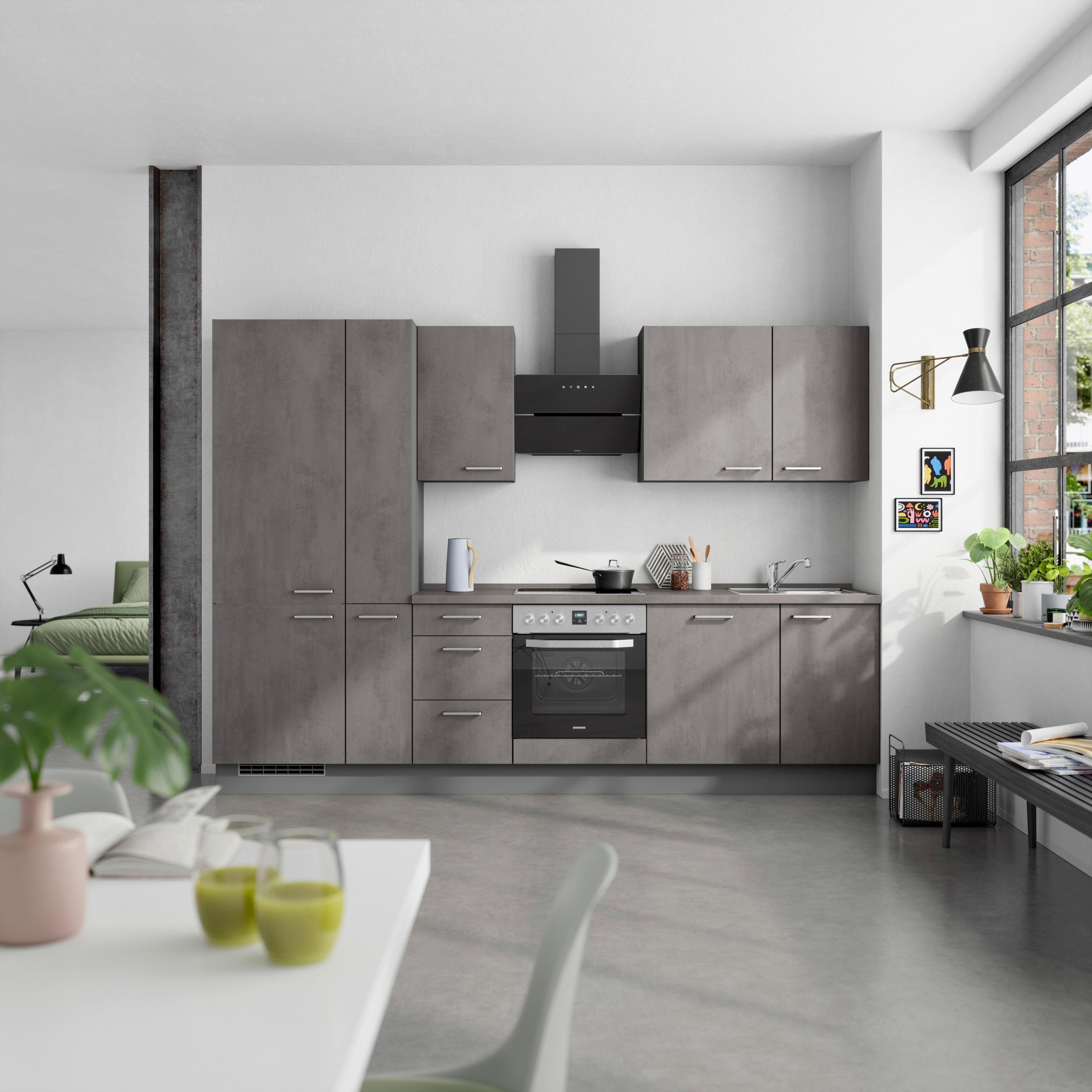 KÜCHENBLOCK Riva 300 cm  in Schieferfarben  - Schieferfarben/Edelstahlfarben, MODERN, Holzwerkstoff/Metall (300cm) - Nobilia