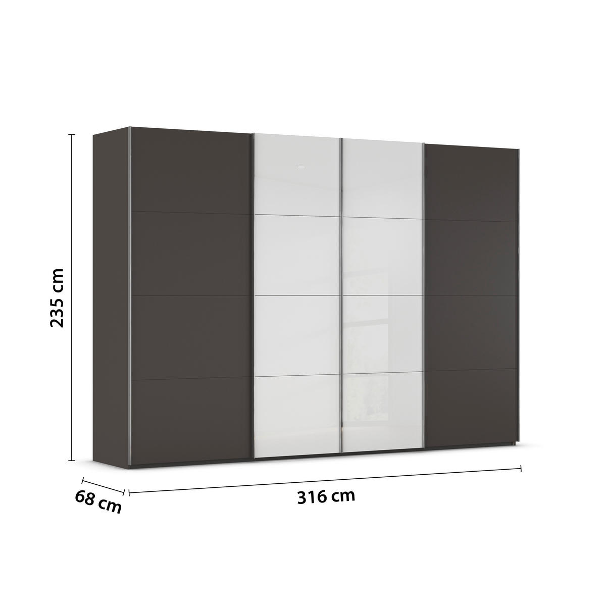 SCHWEBETÜRENSCHRANK 316/235/68 cm 4-türig Graphitfarben, Weiß  - Chromfarben/Graphitfarben, KONVENTIONELL, Glas/Holzwerkstoff (316/235/68cm) - Novel