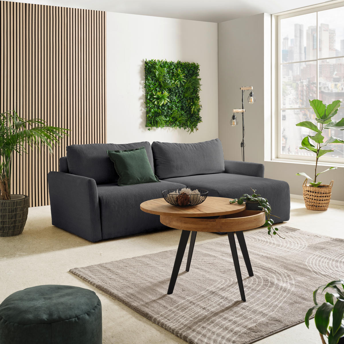 ECKSOFA in Cord Grau  - Schwarz/Grau, Konventionell, Kunststoff/Textil (228/146cm) - MID.YOU
