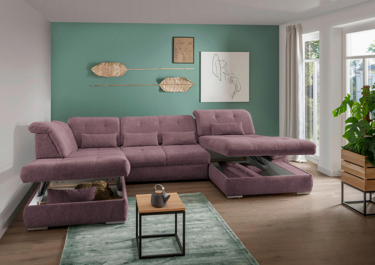 WOHNLANDSCHAFT Brombeere Chenille  - Chromfarben/Brombeere, Design, Textil/Metall (254/376/195cm) - Livetastic