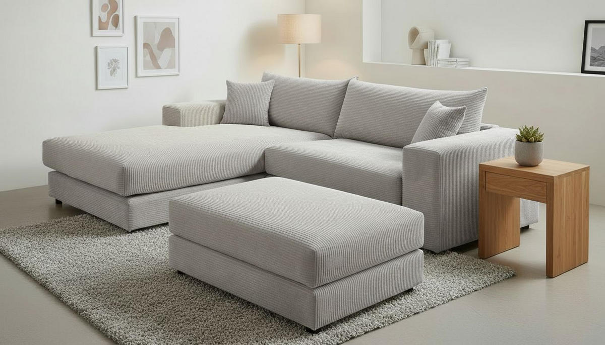 ECKSOFA FUNNY S Grau Cord, Velours Zierkissen, Rückenkissen, Hocker  - Schwarz/Grau, Basics, Kunststoff/Textil (180/265cm) - Livetastic