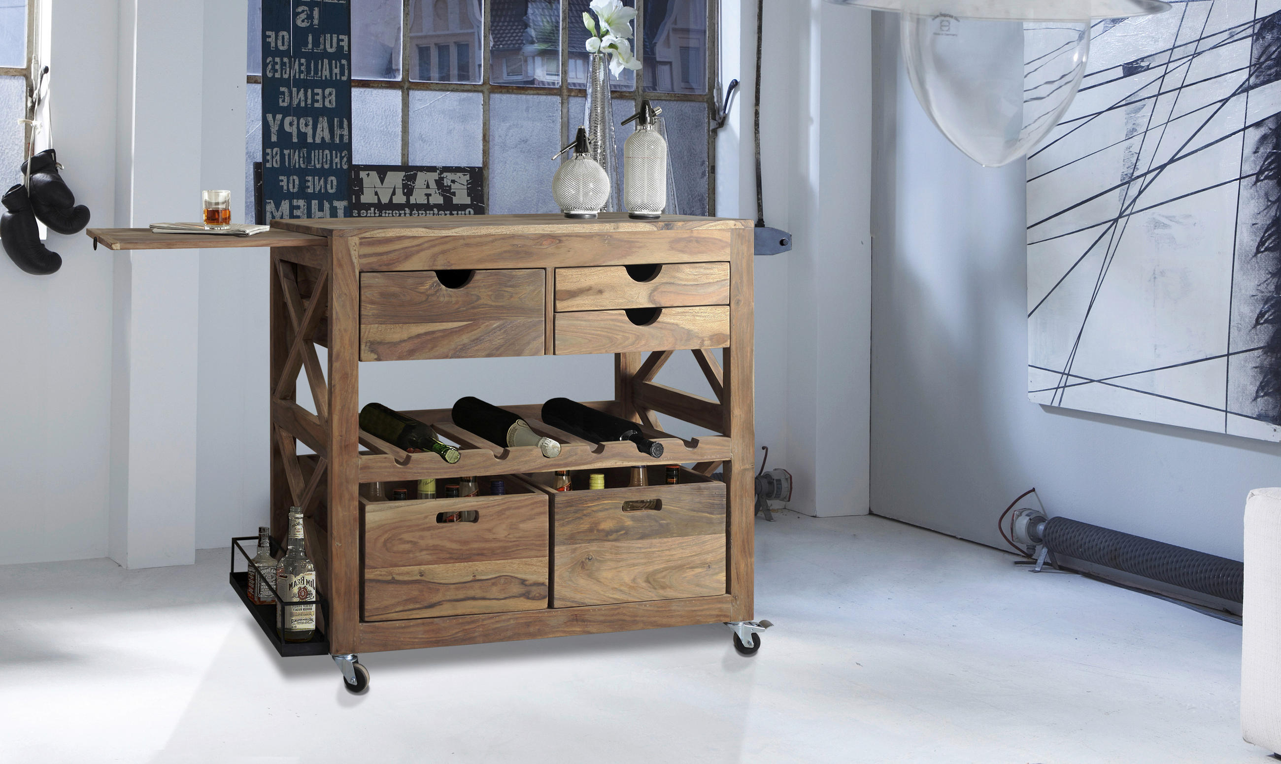 Thumbnail - Livetastic Barwagen, Braun, Holz, Sheesham, massiv, 5 Schublade(n) Schubladen, rechteckig, 43x85x97 cm, Handmade in Indi...