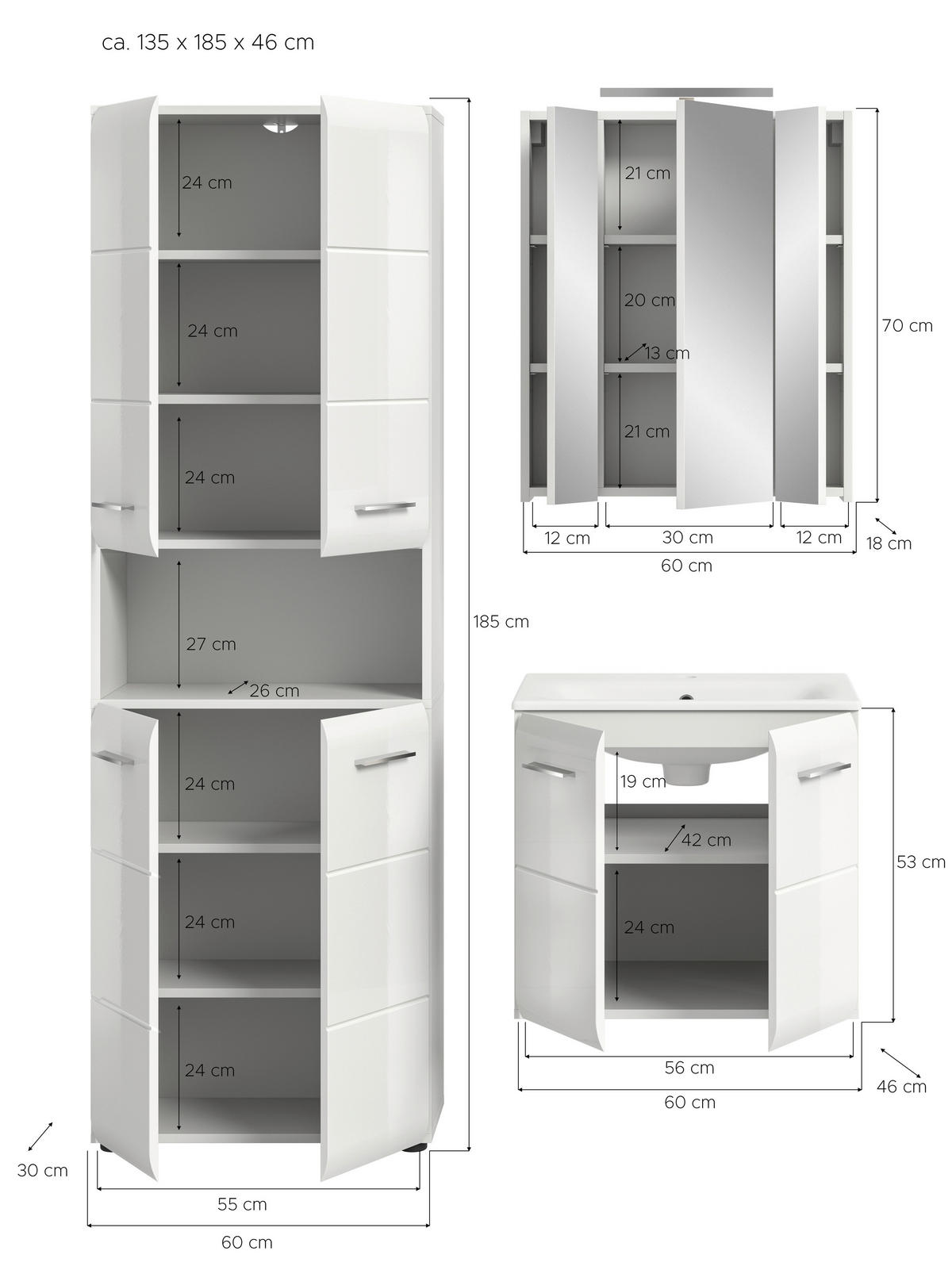 BADEZIMMER 3-teilig  in 120 cm  - Weiß Hochglanz/Silberfarben, MODERN, Keramik/Holzwerkstoff (120cm) - MID.YOU