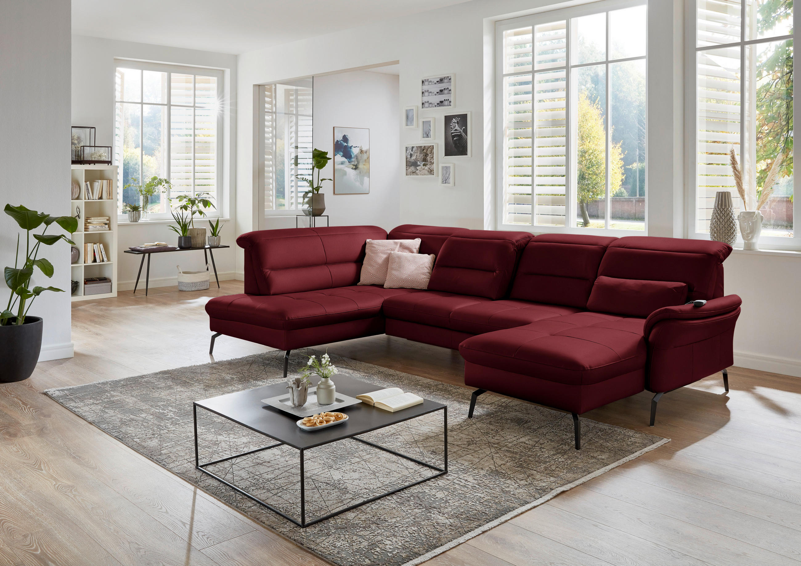 WOHNLANDSCHAFT in Echtleder Rot  - Rot/Schwarz, Design, Leder/Metall (206/336/181cm) - Beldomo Speed