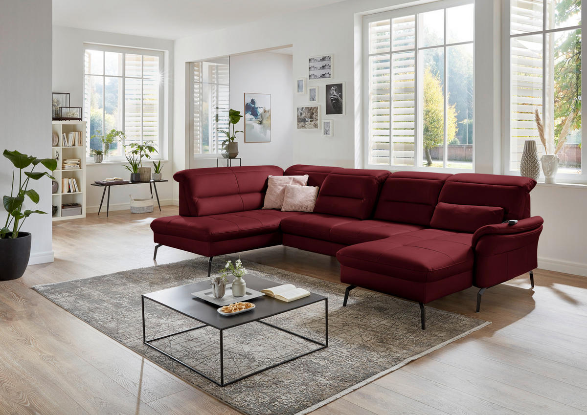 WOHNLANDSCHAFT in Echtleder Rot  - Rot/Schwarz, Design, Leder/Metall (206/336/181cm) - Beldomo Speed
