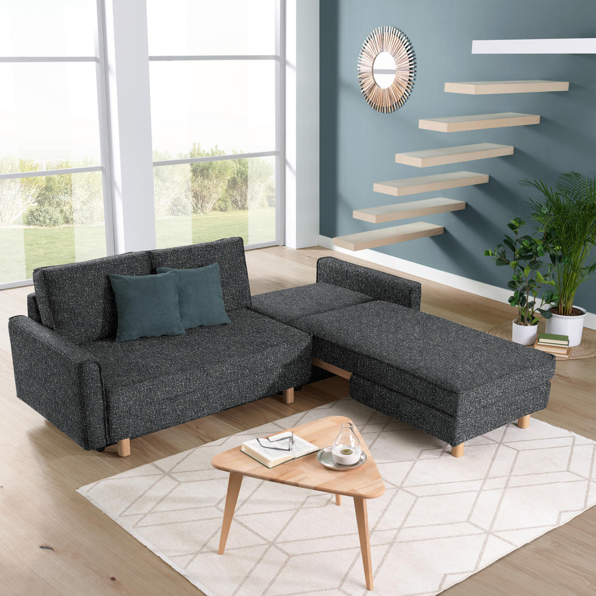 ECKSOFA  in Mikrovelours Anthrazit  237/170 cm  - Eichefarben/Anthrazit, KONVENTIONELL, Holz/Textil (237/170cm) - Sedda
