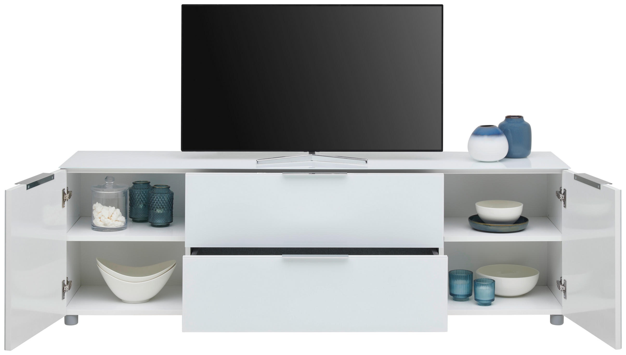 NÍZKÁ KOMODA, vysoce lesklá bílá, 180/54/40,5 cm - šedá/barvy chromu, Basics, kov/kompozitní dřevo (180/54/40,5cm) - Voleo