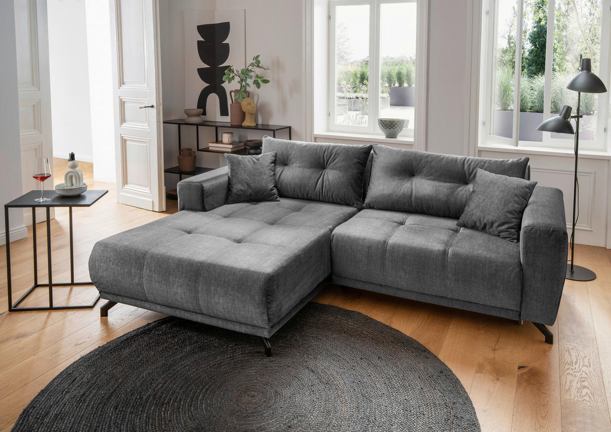 ECKSOFA RESTATO Dunkelgrau Velours  - Dunkelgrau/Schwarz, MODERN, Textil/Metall (177/246cm) - MID.YOU