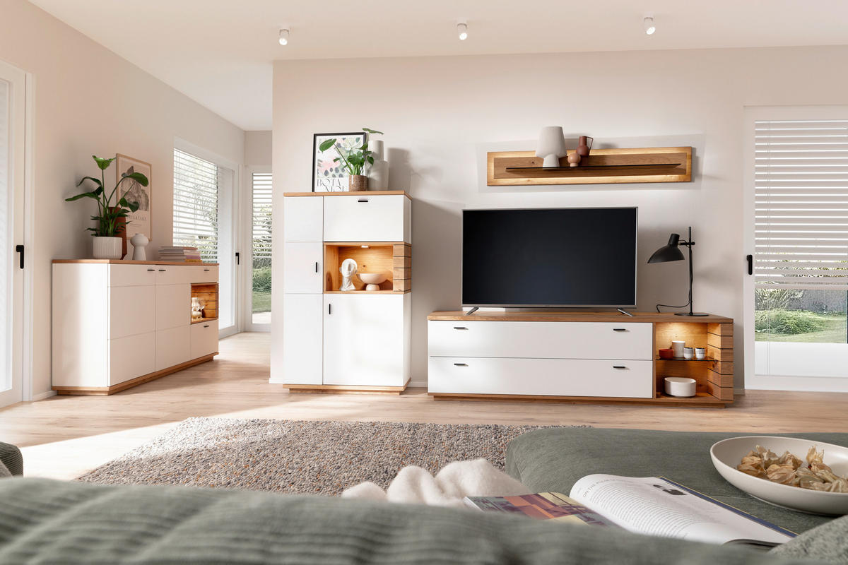 WOHNWAND 3-teilig  in Weiß, Wildeiche  315/181/50 cm  - Wildeiche/Anthrazit, Design, Glas/Holz (315/181/50cm) - Novel