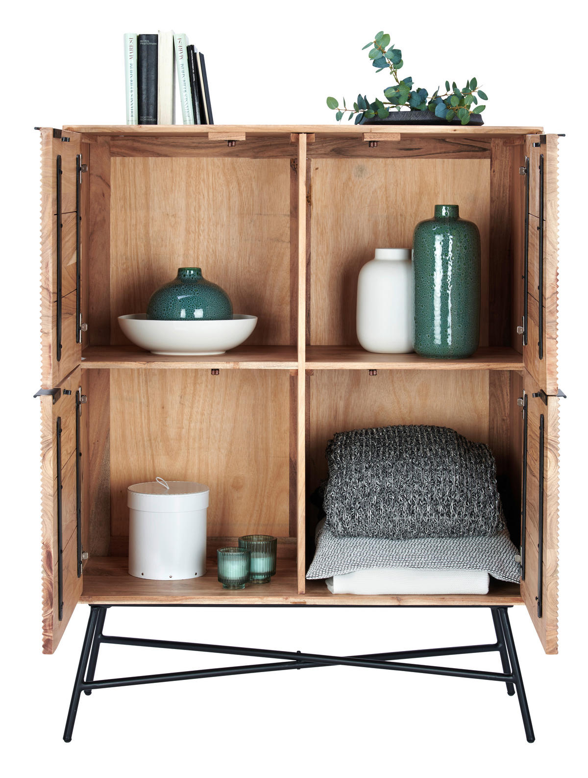VYSOKÁ KOMODA, akácie, černá, barvy akácie, 105/135/45 cm - černá/barvy akácie, Trend, kov/dřevo (105/135/45cm) - Ambia Home