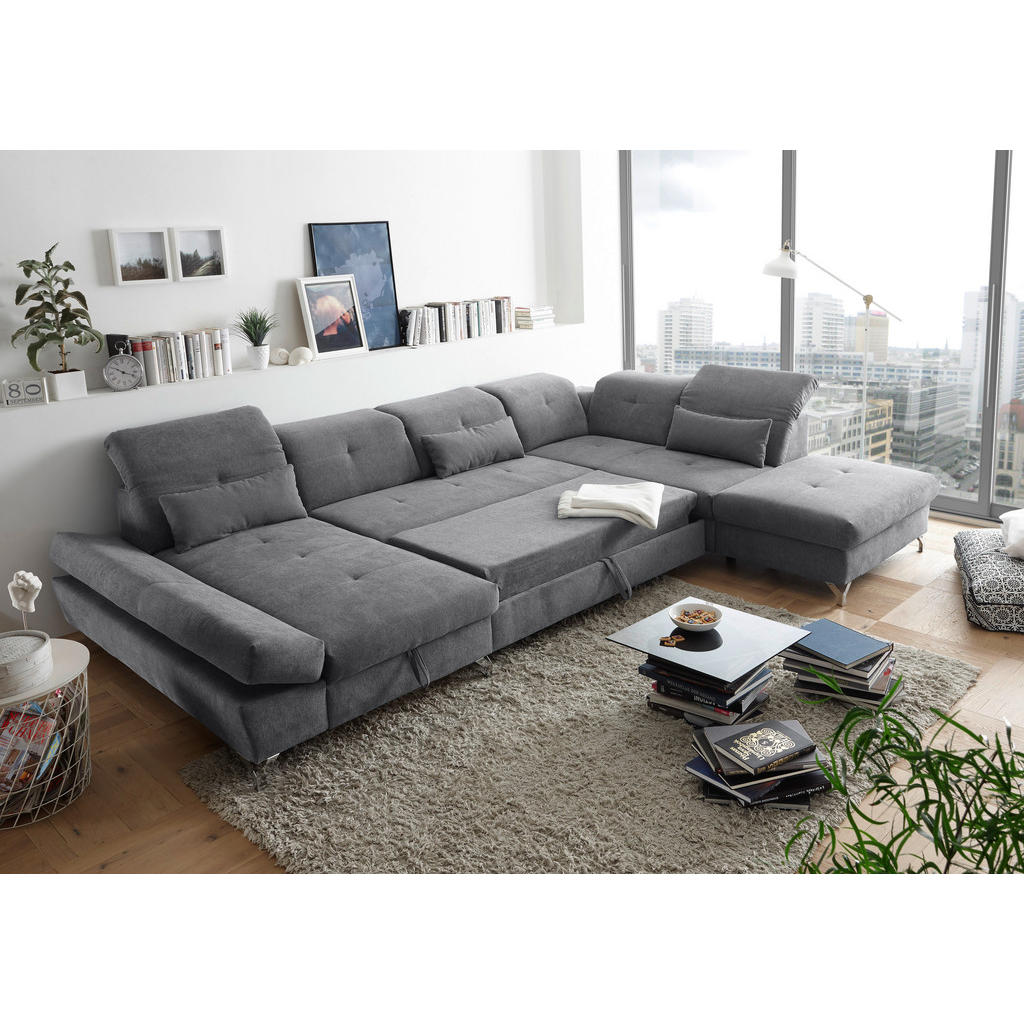 Thumbnail - Mid.you Wohnlandschaft, Dunkelgrau, Textil, 8-Sitzer, U-Form, 350x245 cm, Made in EU, seitenverkehrt erhältlich, Schlafe...