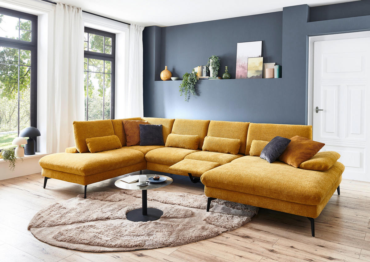 WOHNLANDSCHAFT in Webstoff Currygelb  - Currygelb/Schwarz, Design, Textil/Metall (208/354/157cm) - Dieter Knoll