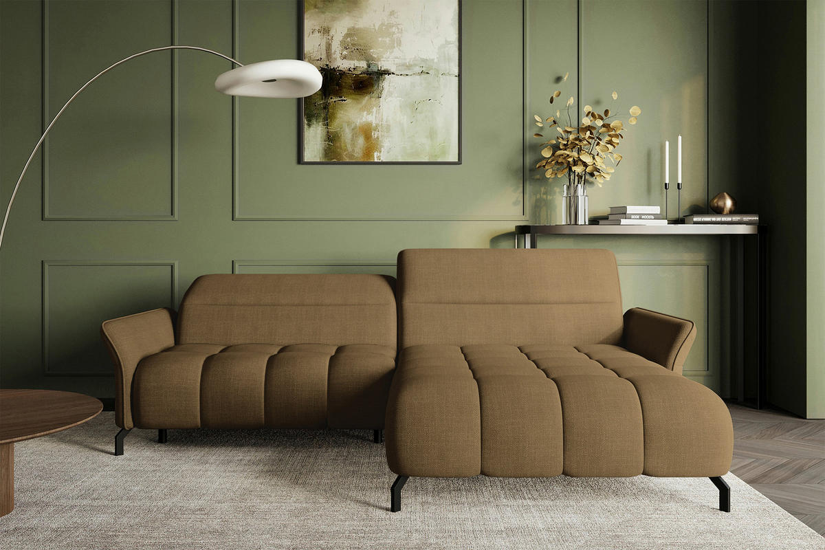 ECKSOFA  in Flachgewebe Olivgrün Rücken echt, Kopfteilverstellung, Sitztiefenverstellung  272/175 cm  - Schwarz/Olivgrün, KONVENTIONELL, Textil/Metall (272/175cm) - Carryhome