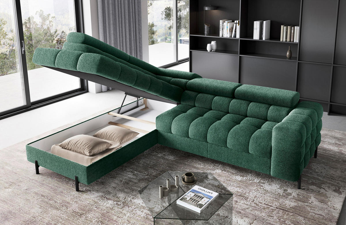 ECKSOFA FERUCCE Dunkelgrün Teddystoff Bettkasten, Kopfteilverstellung  - Dunkelgrün/Schwarz, Design, Textil/Metall (200/276cm) - MID.YOU