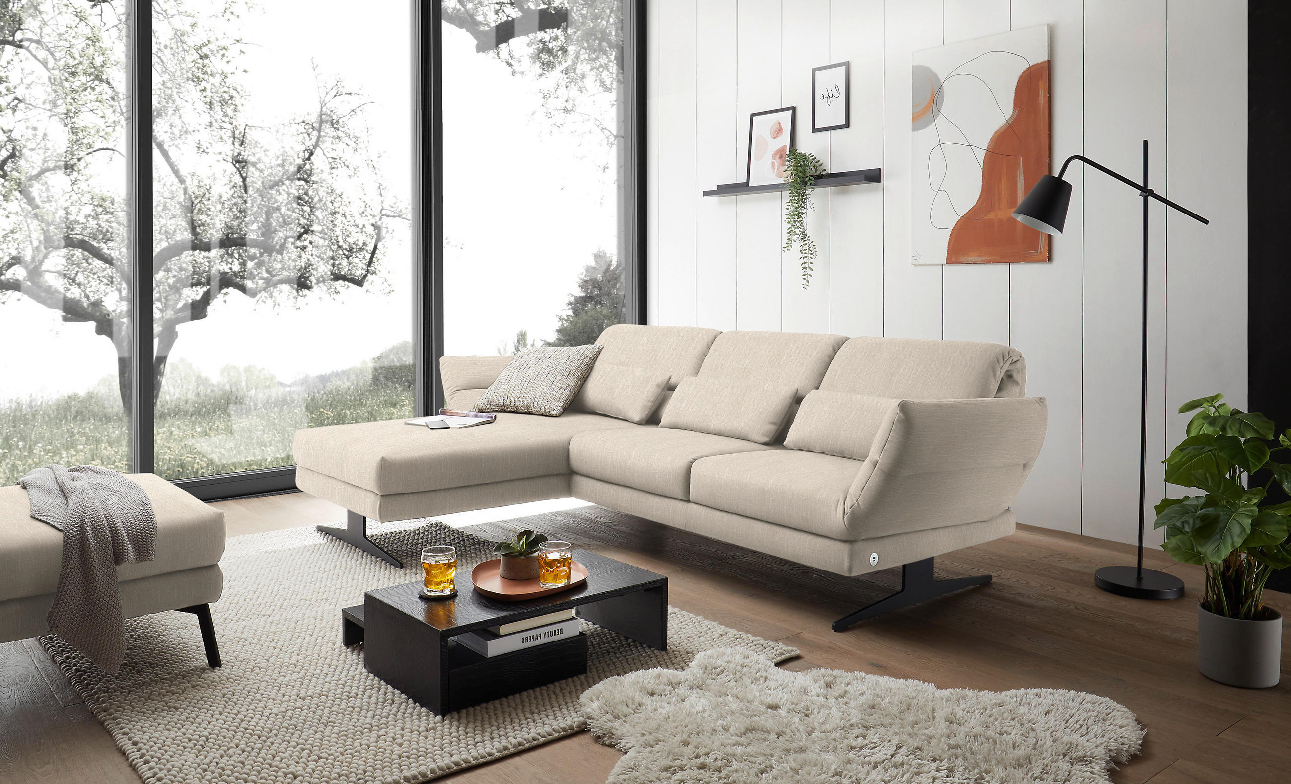 ECKSOFA in Flachgewebe Magnolie  - Magnolie/Schwarz, Design, Textil/Metall (176-217/279-327cm) - Dieter Knoll