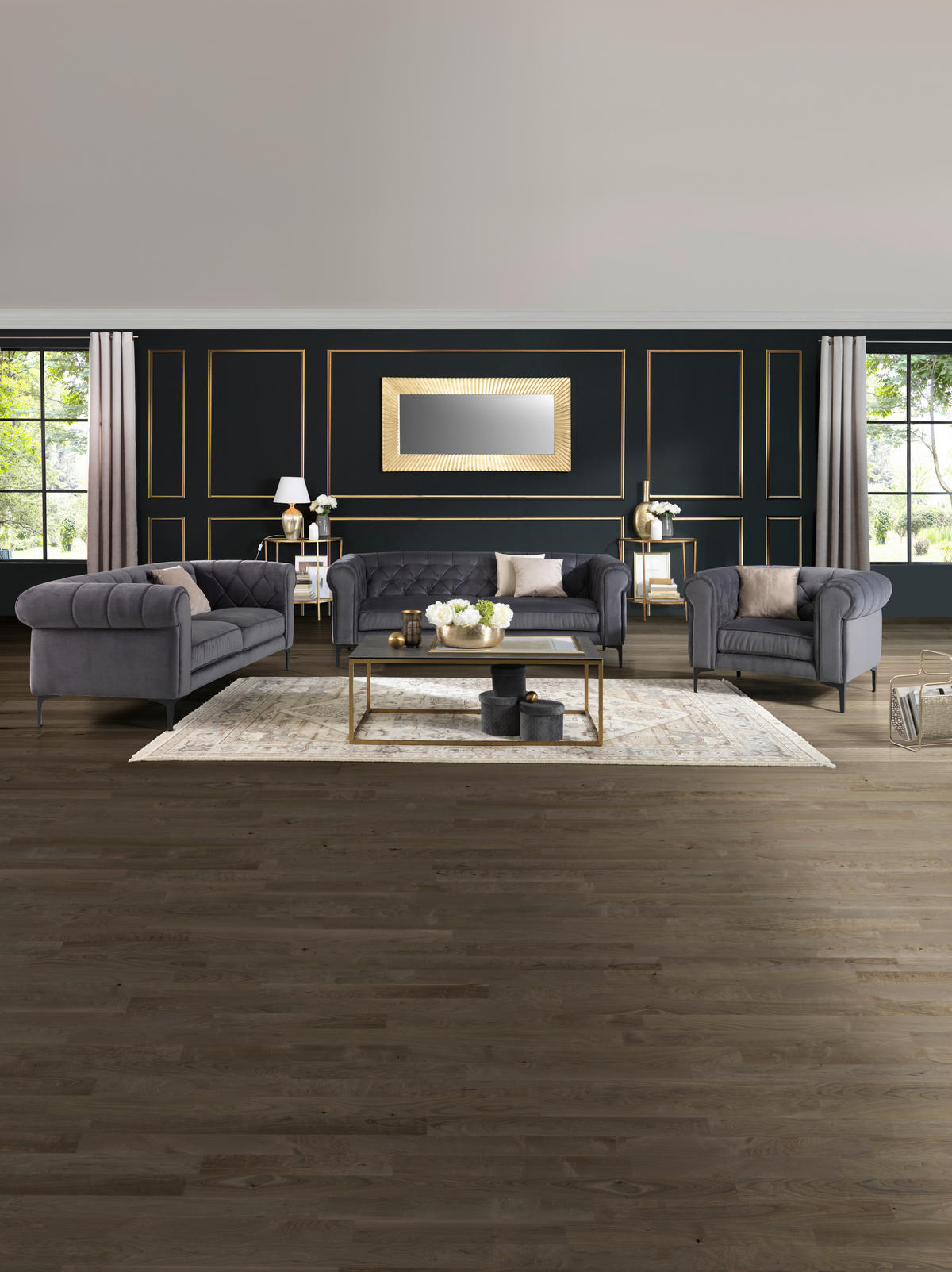 CHESTERFIELDSOFFA i sammet antracit  - svart/antracit, Trend, metall/textil (195/75/90cm) - Carryhome