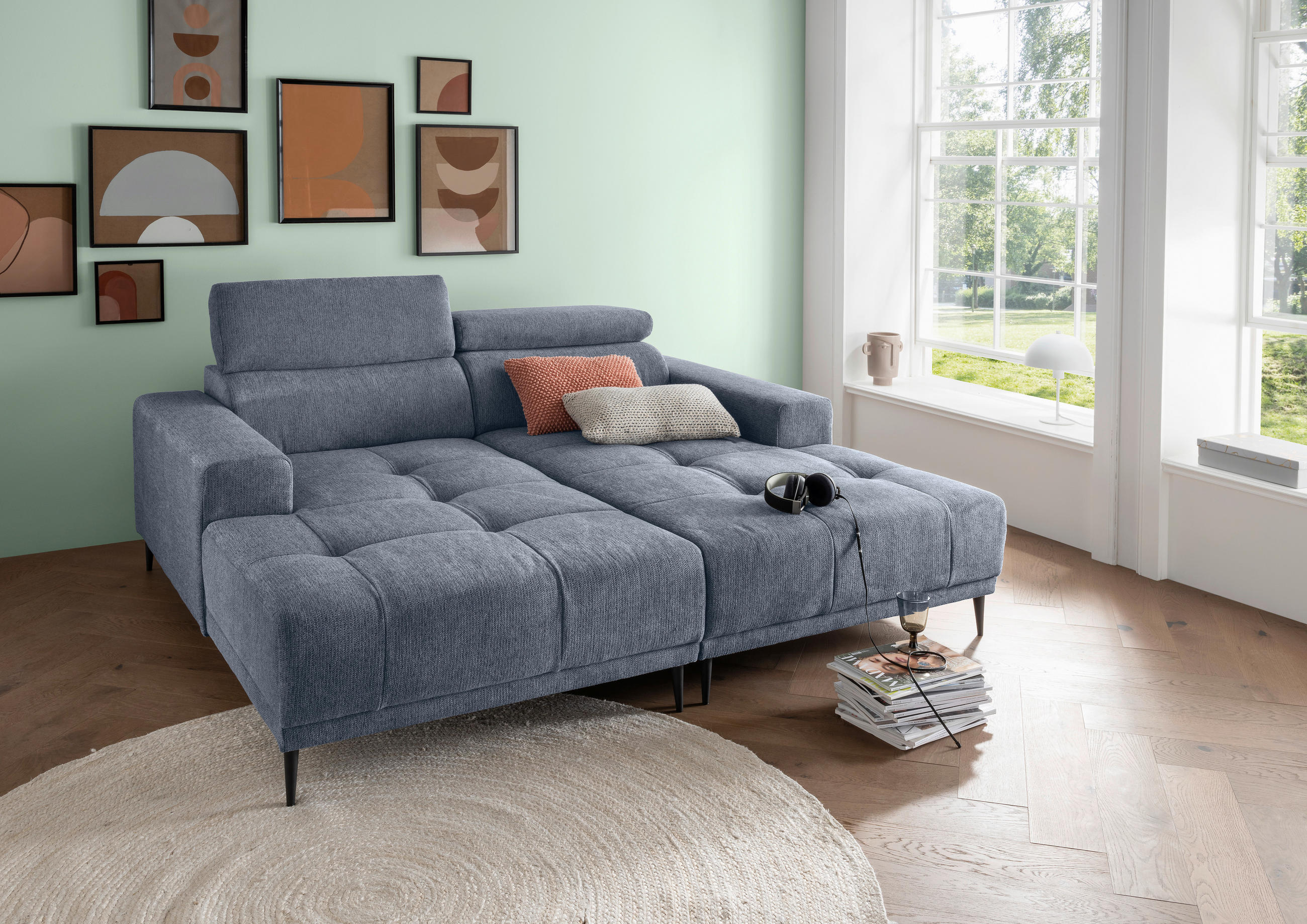ECKSOFA in Chenille Hellblau  200/188 cm  - Schwarz/Hellblau, KONVENTIONELL, Textil/Metall (200/188cm) - Livetastic