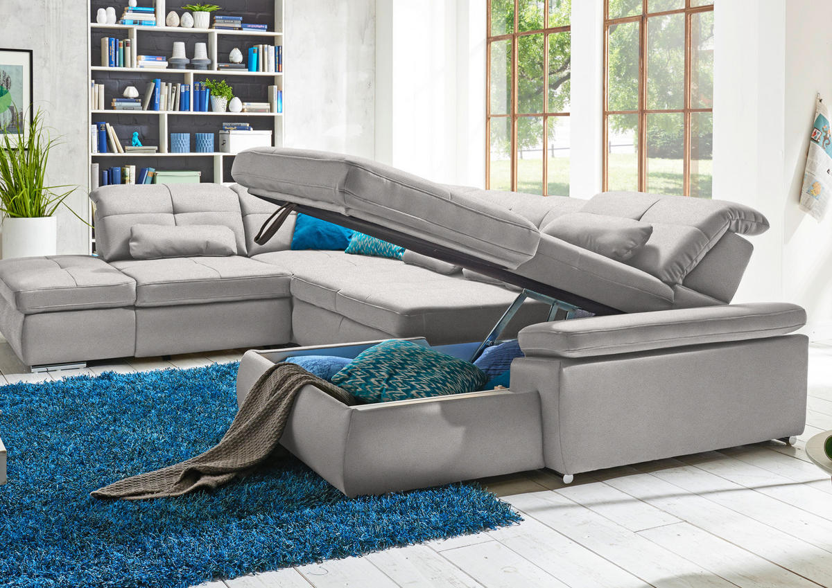 WOHNLANDSCHAFT  in Mikrofaser Silberfarben  - Chromfarben/Silberfarben, Design, Holzwerkstoff/Textil (260/371/195cm) - Beldomo Style