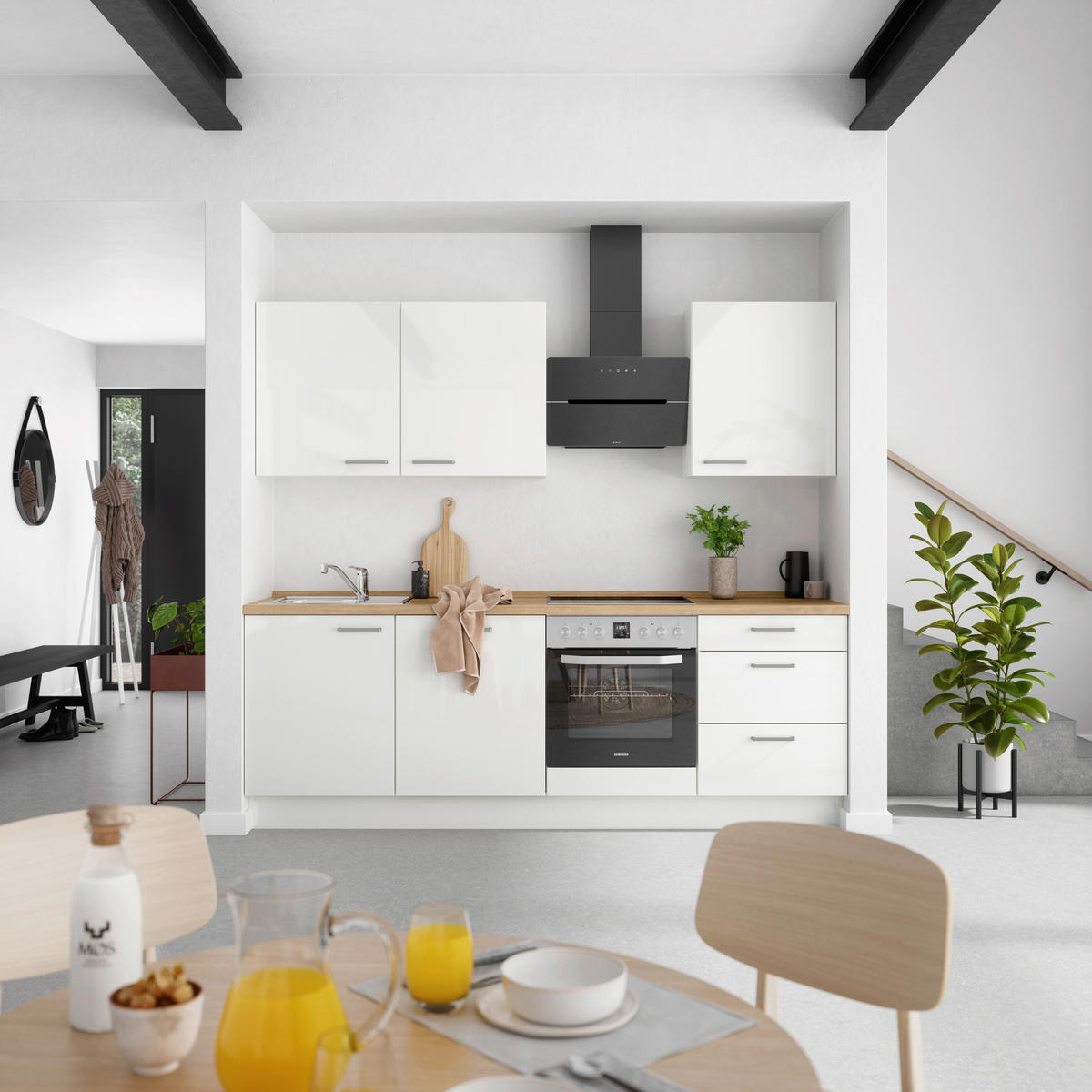 KÜCHENLEERBLOCK 240 cm   in Eichefarben, Weiß Hochglanz  - Edelstahlfarben/Eichefarben, MODERN, Holzwerkstoff/Metall (240cm) - Nobilia