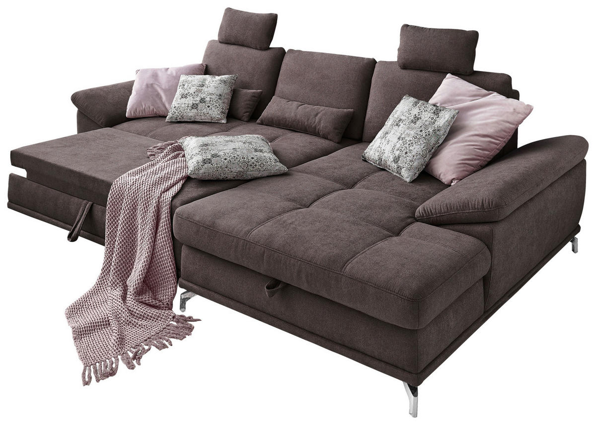 ECKSOFA Dunkelbraun Flachgewebe Bettkasten, Schlaffunktion, Sitztiefenverstellung, Kopfstütze, Liegefläche im Originalstoff  - Dunkelbraun/Silberfarben, KONVENTIONELL, Textil/Metall (301/176cm) - Sit & More