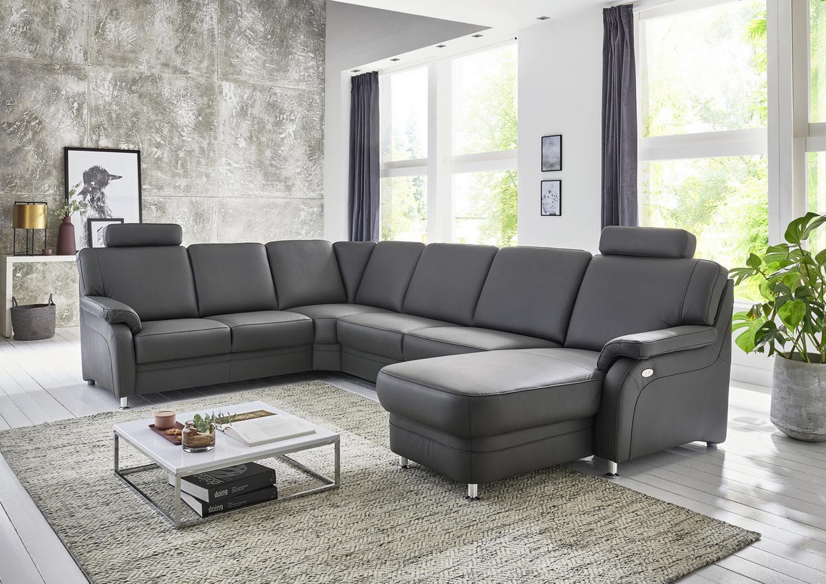 WOHNLANDSCHAFT Anthrazit Echtleder  - Anthrazit/Alufarben, KONVENTIONELL, Leder/Metall (239/329/165cm) - Beldomo Premium