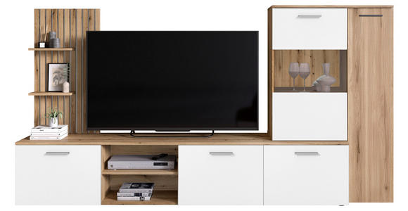 WOHNWAND 4-teilig  in Weiß, Eichefarben   - Eichefarben/Anthrazit, MODERN, Glas/Holzwerkstoff (250cm) - Carryhome