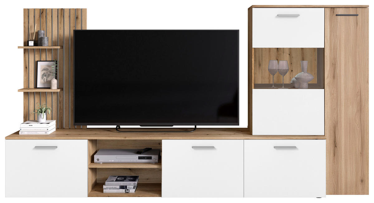 WOHNWAND 4-teilig  in Weiß, Eichefarben   - Eichefarben/Anthrazit, MODERN, Glas/Holzwerkstoff (250cm) - Boxxx