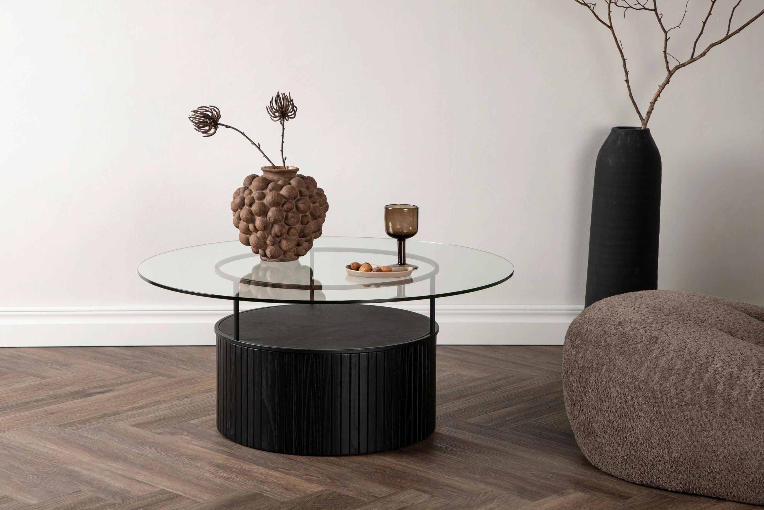 COUCHTISCH Esche furniert, teilmassiv Klarglas 90/90/40 cm rund Klar, Schwarz  - Klar/Schwarz, Design, Glas/Holz (90/90/40cm) - Livetastic