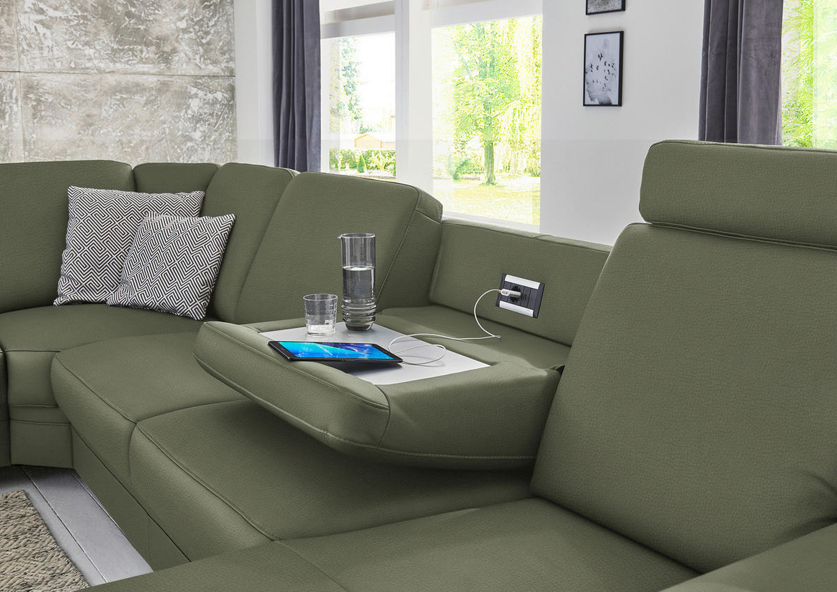 WOHNLANDSCHAFT Echtleder Olivgrün  - Alufarben/Olivgrün, Konventionell, Leder/Metall (239/329/165cm) - Beldomo Premium