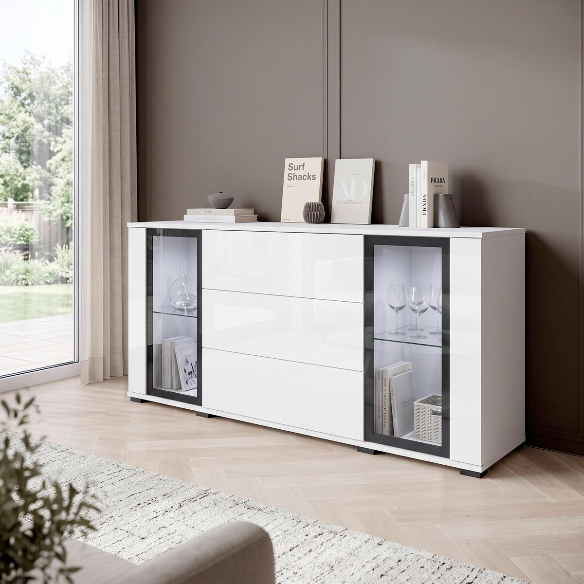SIDEBOARD Caro 150/69,7/39,5 cm 3 Schublade(n)  - Weiß Hochglanz/Schwarz, Design, Glas/Holzwerkstoff (150/69,7/39,5cm) - P & B
