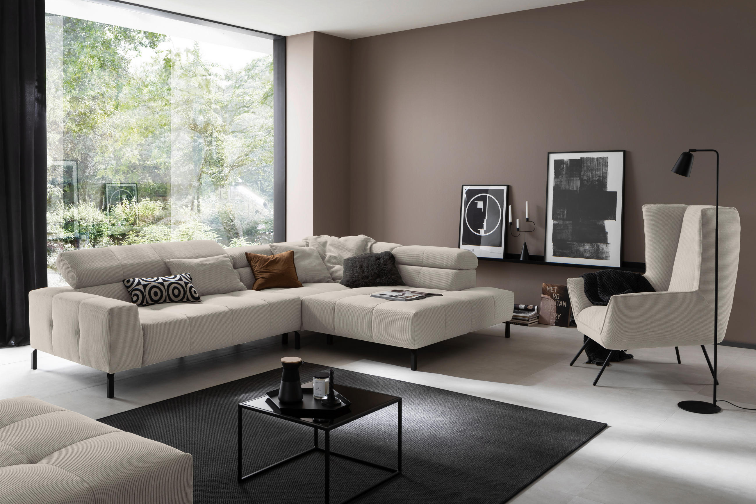 ECKSOFA Sandfarben Feincord  - Sandfarben/Schwarz, KONVENTIONELL, Textil/Metall (311/219cm) - Hom`in