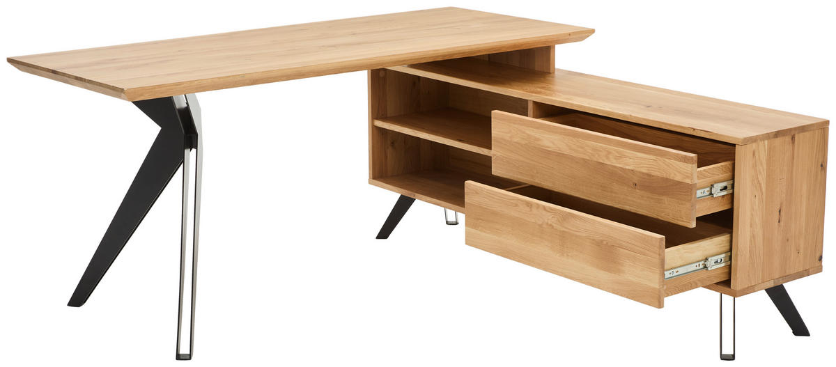 ECKSCHREIBTISCH 160/160/75 cm  in Eichefarben  - Eichefarben/Schwarz, Natur, Holz/Metall (160/160/75cm) - Linea Natura