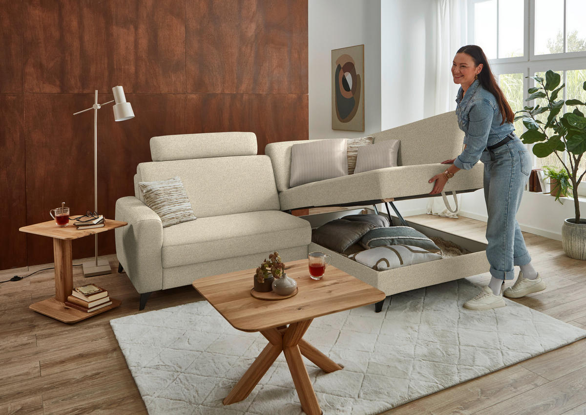 ECKSOFA  Chenille Sandfarben  - Sandfarben/Schwarz, Design, Textil/Metall (239/182cm) - Beldomo Comfort