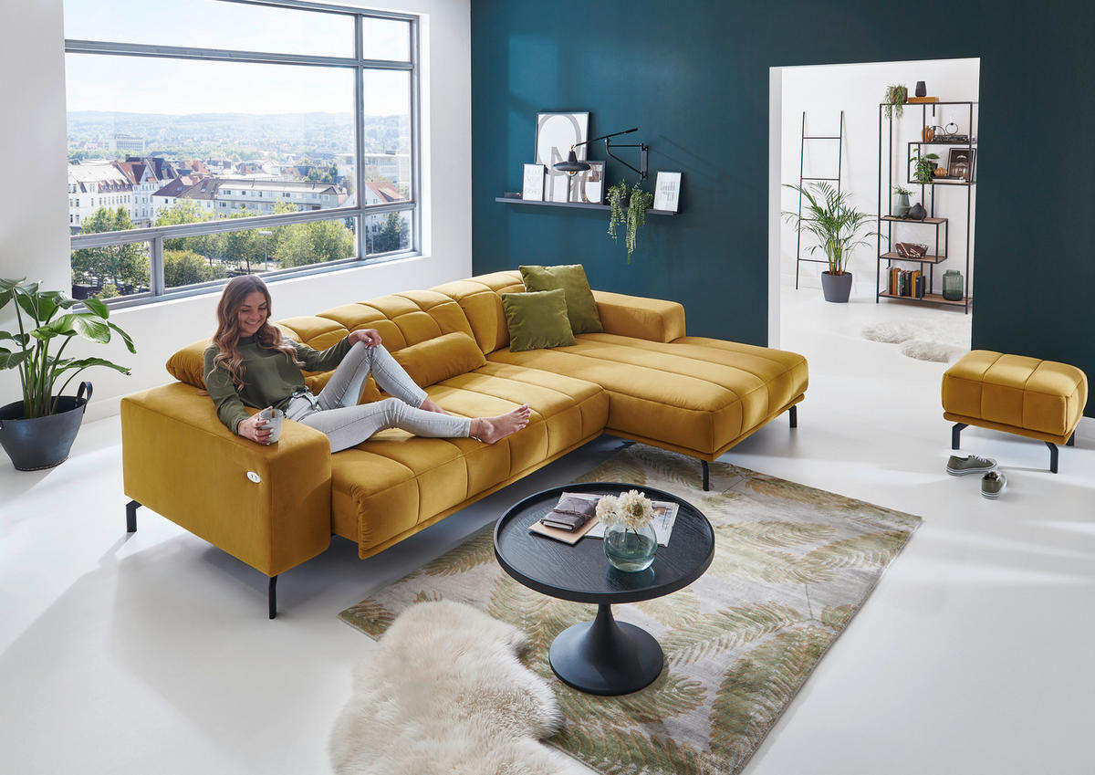 ECKSOFA in Velours Currygelb  293/195 cm  - Currygelb/Schwarz, Design, Textil/Metall (293/195cm) - Beldomo Style