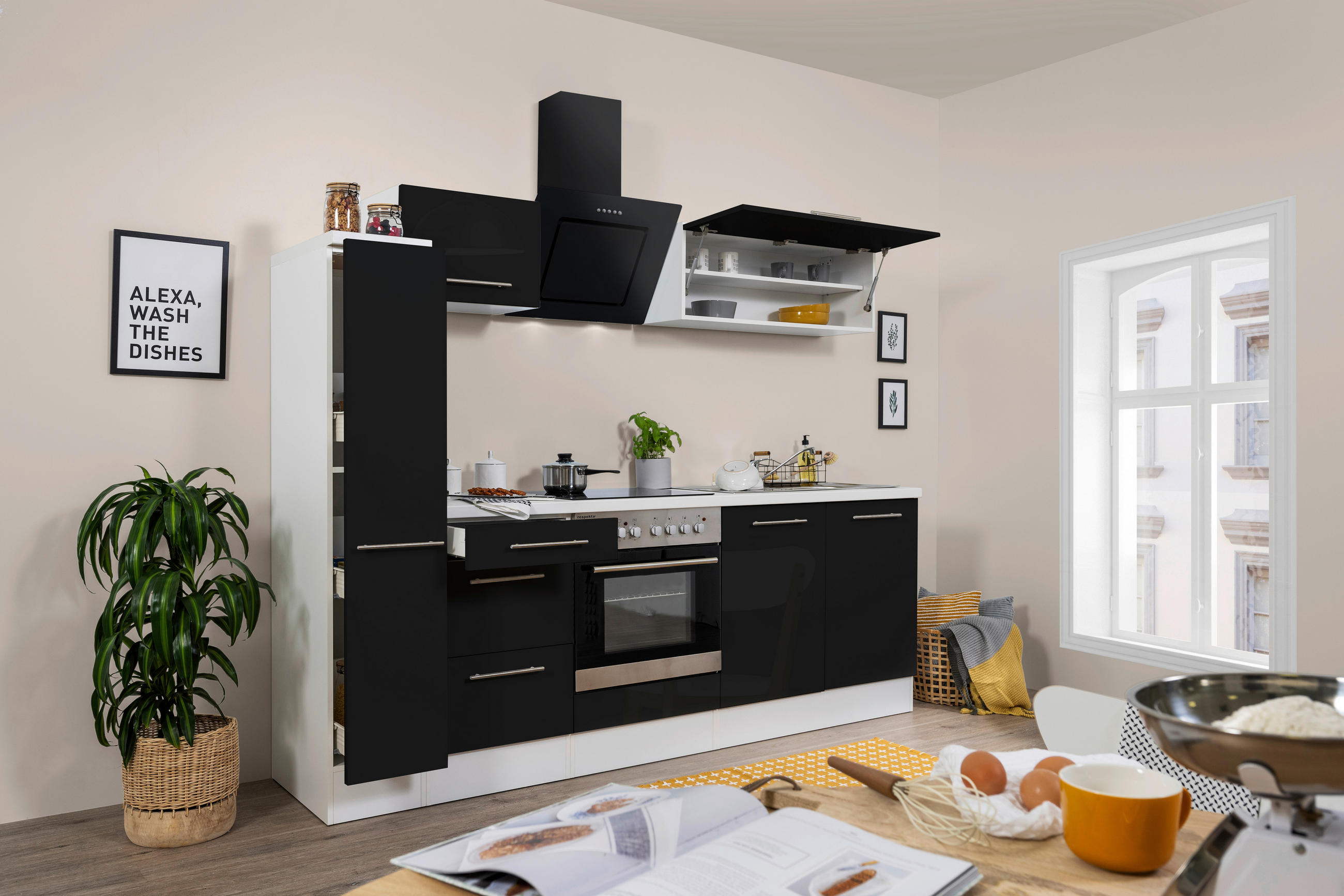 KÜCHENBLOCK 240 cm   in Schwarz, Weiß  - Alufarben/Schwarz, KONVENTIONELL, Holzwerkstoff (240cm) - Respekta