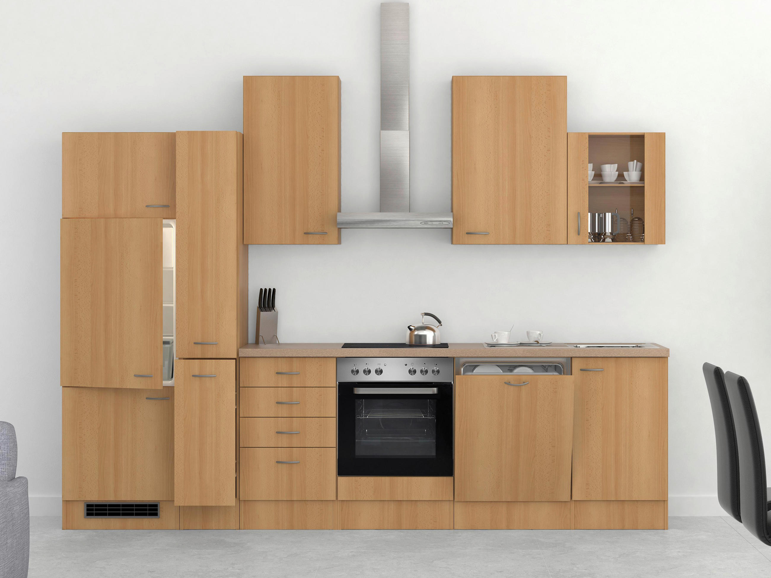 KÜCHENBLOCK 310 cm in Creme, Buchefarben, Edelstahlfarben - Edelstahlfarben/Buchefarben, MODERN (310cm) - MID.YOU